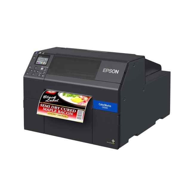 ColorWorks CW-C6500A High Gloss Product Label Printer Angle View With Label