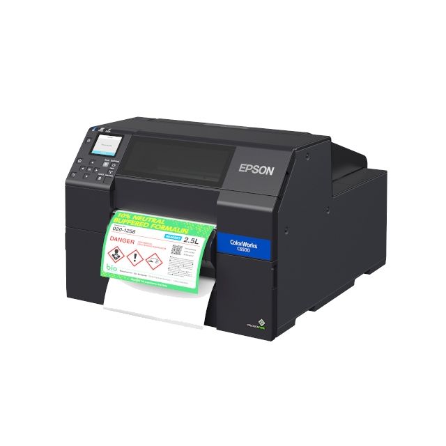 ColorWorks CW-C6500P Matte Product Label Printer Angle View With Peeled Label