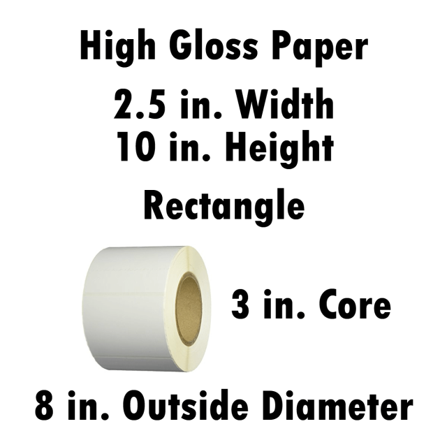 HIGH GLOSS PAPER 2.500 INCH X 10.000 INCH RECTANGLE INKJET LABEL ROLL